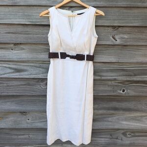 Linen Off White Sleeveless Dress with Brown Belt